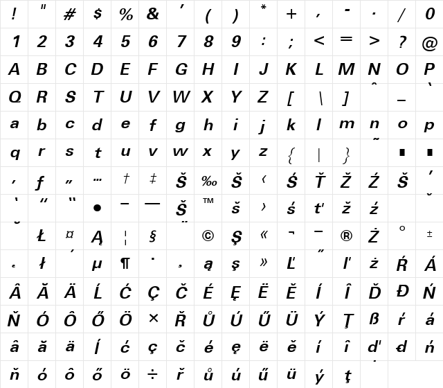 UnvEe Bold Italic  glyph index