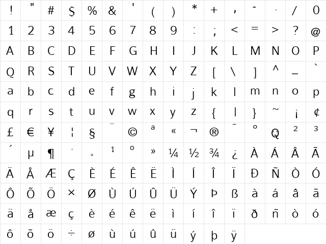 FranKleinBook Regular  glyph index