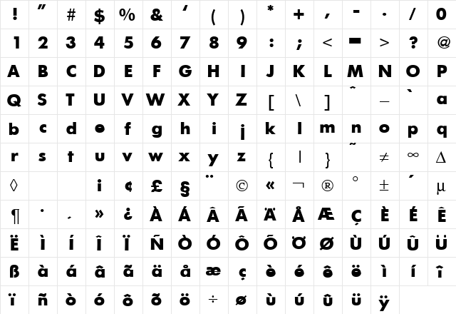 FunctionTwo Bold  glyph index