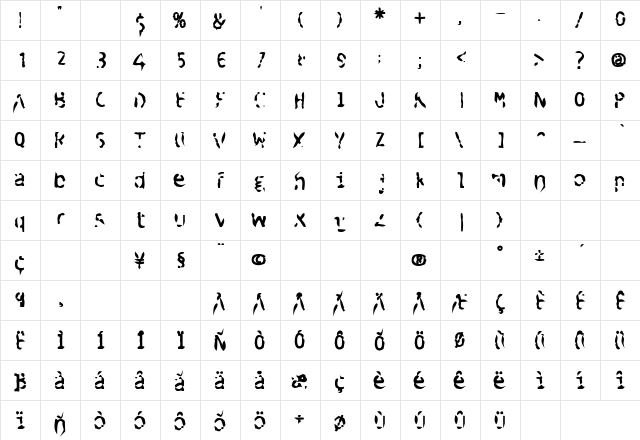 Blue Spent Bold  glyph index