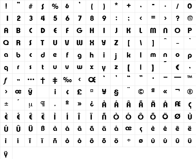 Expressa-Bold Regular  glyph index