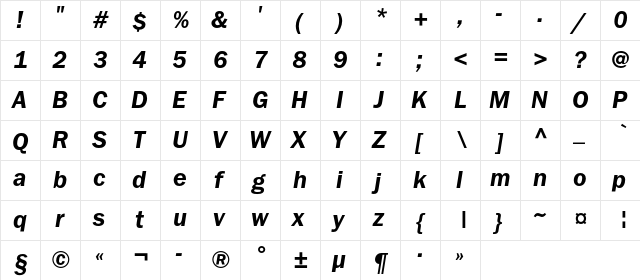 FranklinGothicDemiC Italic  glyph index