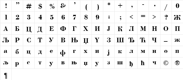Bodoni Cirilica Bold  glyph index