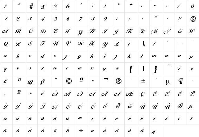Ballantines-ExtraBold Regular  glyph index
