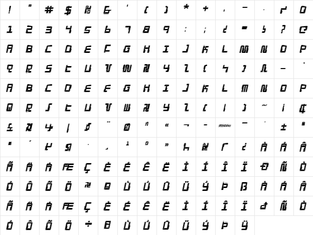 Droid Lover Pro Italic Italic  glyph index