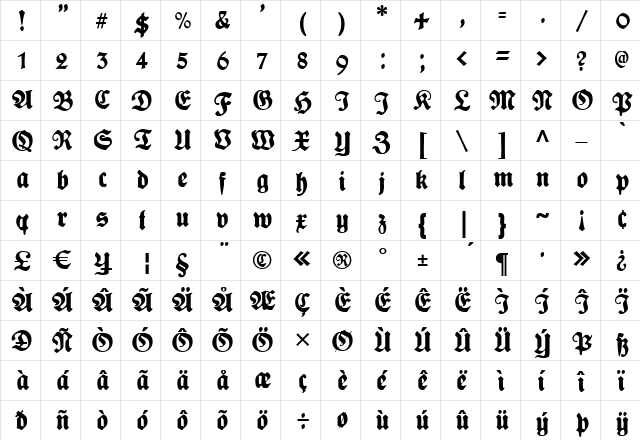 Plakat-FrakturUNZ1L Italic  glyph index