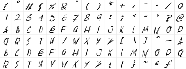 Slenderscratch Italic  glyph index