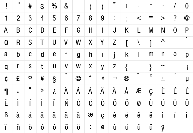 HeaveneticaCond5 SH  glyph index