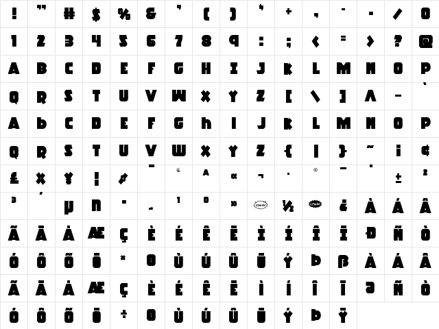 Racket Squad Regular  glyph index