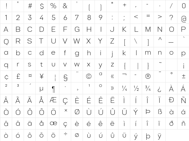 Goldbill XL Light  glyph index