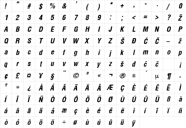 SwizCont Regular  glyph index