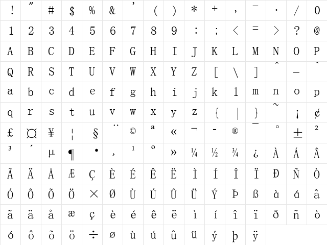 SimSun Regular  glyph index