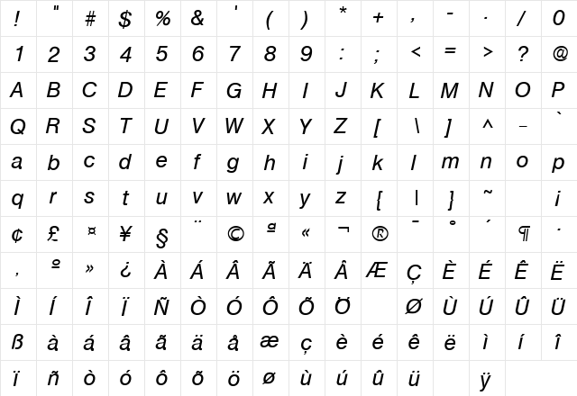 Basic Sans SF Italic  glyph index