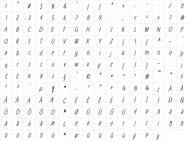 Eric Lite Thin BoldItalic  glyph index