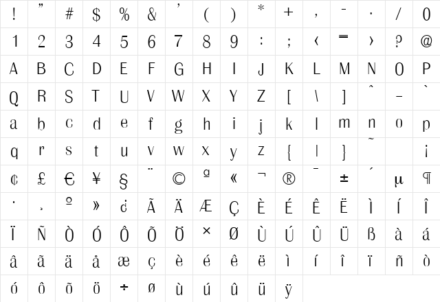 GrenobleSerial-Xlight Regular  glyph index