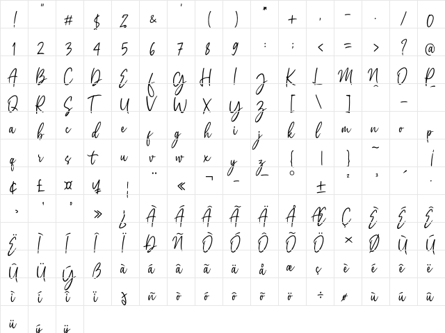 Amelia Sophia Regular  glyph index