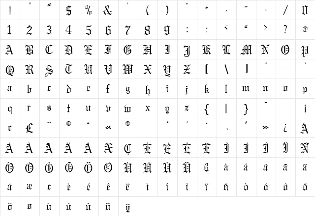 GargoyleSSK Regular  glyph index