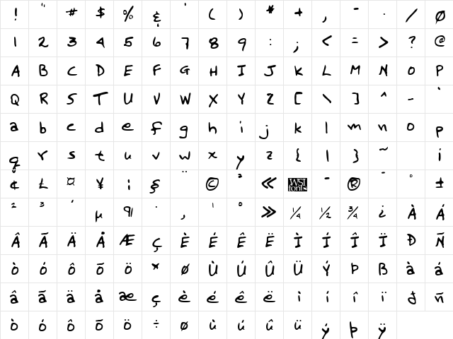 MarcelsHand Regular  glyph index