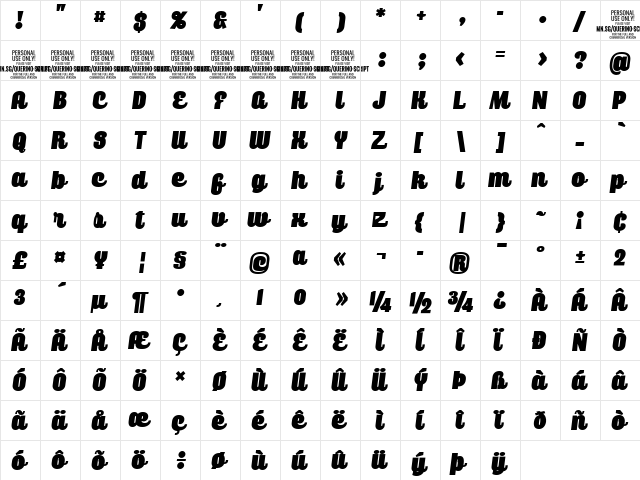 Querino Script PERSONAL USE Italic  glyph index