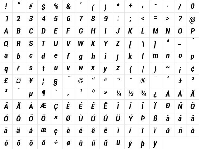 Roboto Bold Condensed Italic  glyph index