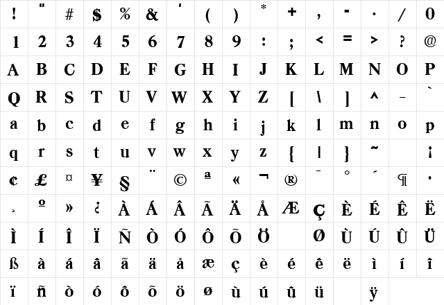 Casad Bold  glyph index