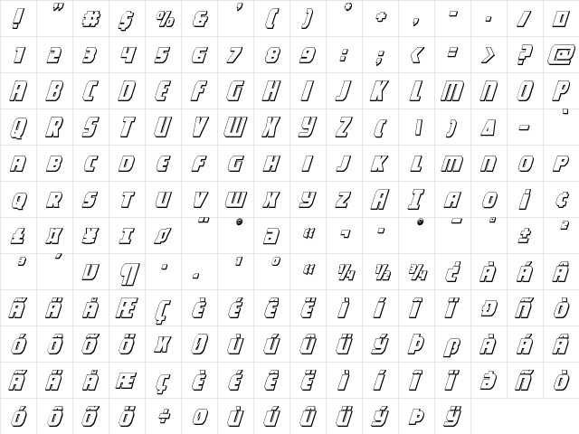 Camp Justice 3D Italic Italic  glyph index