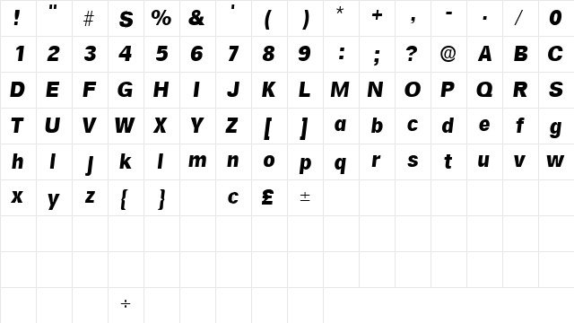 SalinaSSK Italic  glyph index