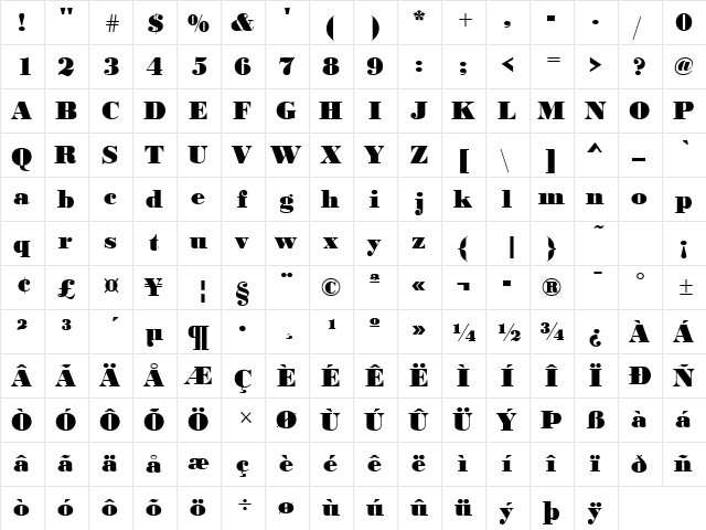 BodoniH Bold  glyph index