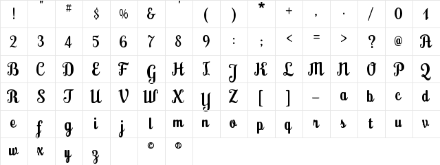 Lynchburg Script Regular  glyph index