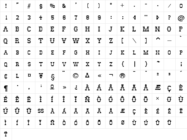 Mesquito SF Bold  glyph index