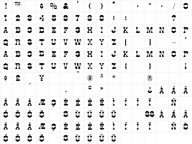 Rider 1 Regular  glyph index