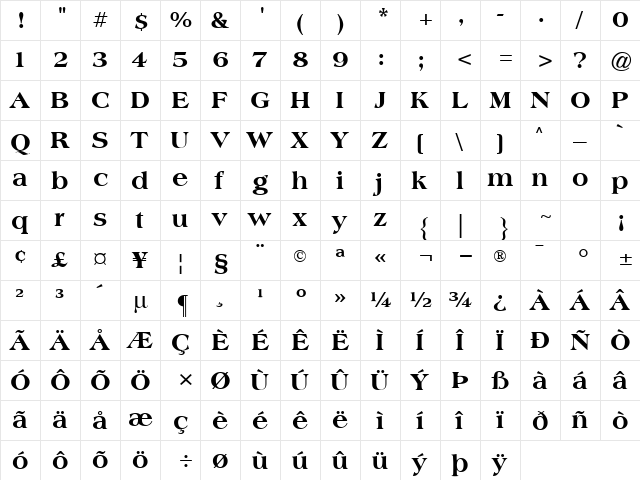 American Classic Extra Bold Regular  glyph index