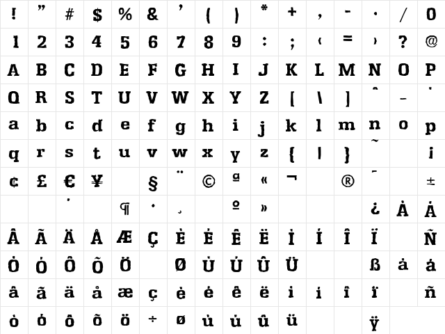 EnschedeAntique-Xbold Regular  glyph index