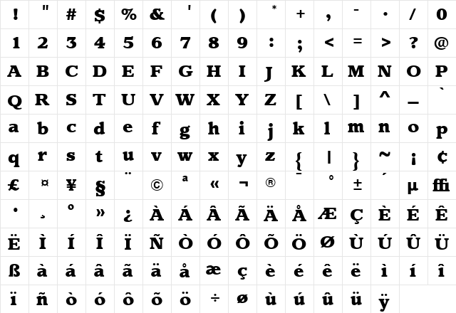 ClaremontExtraBold Roman  glyph index