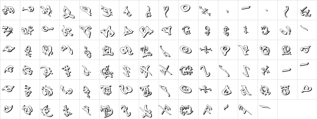 Devil's Tongue 3D Leftalic Italic  glyph index