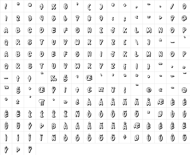 Action Man Shaded Regular  glyph index