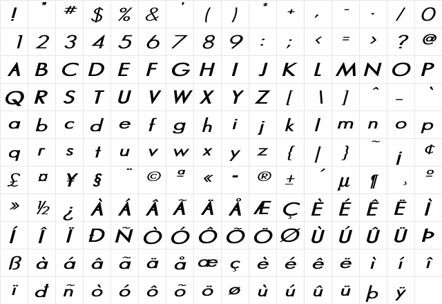 Marina Bold Italic  glyph index