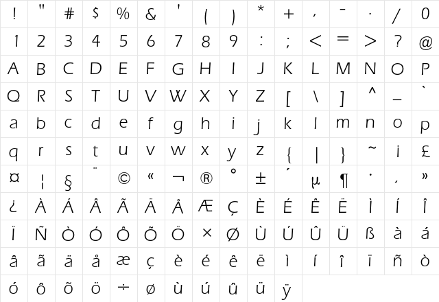 Eras BQ Regular  glyph index