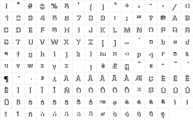 EurostileTBolRe1 Regular  glyph index