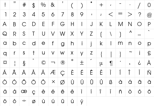 Avant Garde 2 BQ Regular  glyph index
