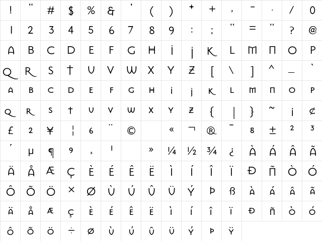 MasonSans Roman  glyph index