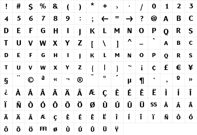 MondialPlus Bold Caps Regular  glyph index
