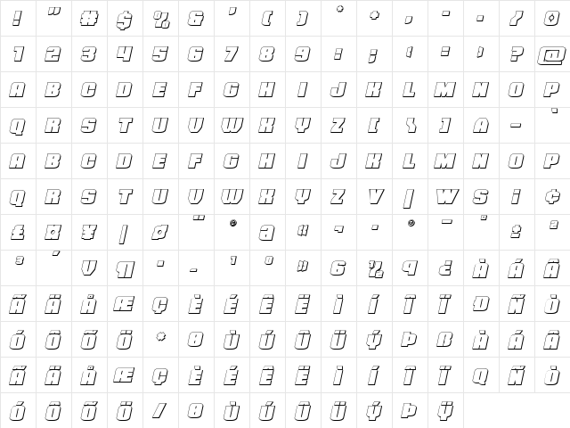 Elephant Gun 3D Italic Regular  glyph index