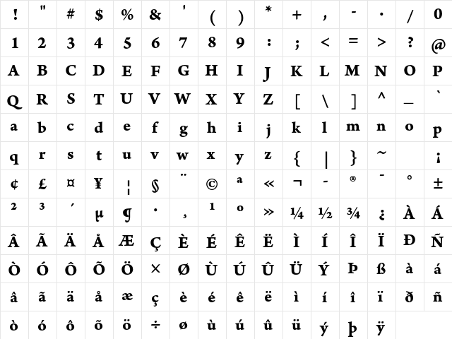 Arno Pro Bold Caption  glyph index