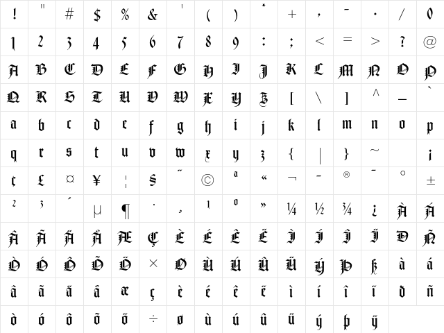 Notre Dame LT Std Roman  glyph index