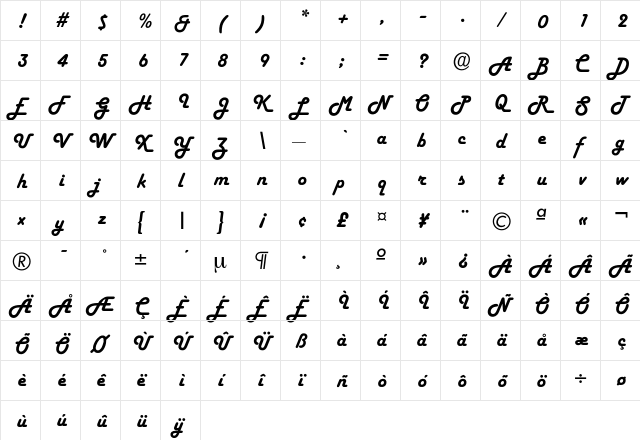 Harlekin Regular  glyph index