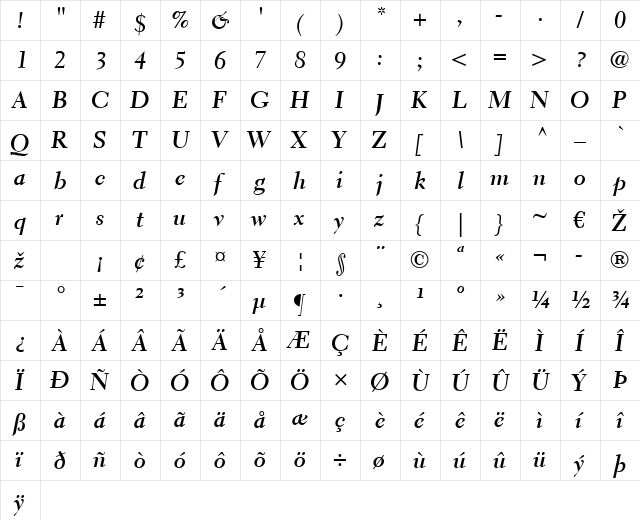 Electra LT Regular Bold Italic  glyph index