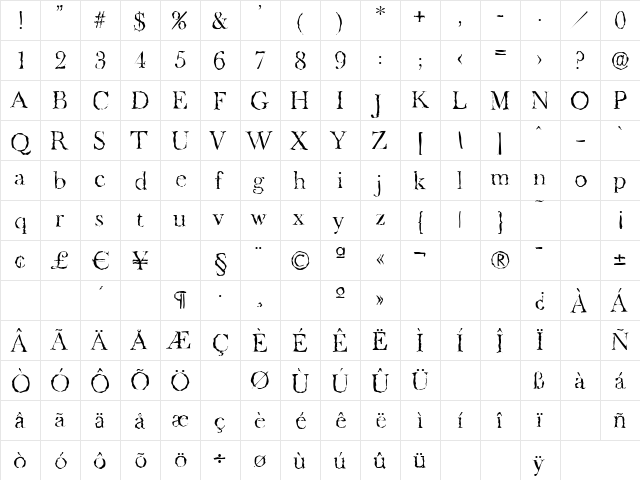 BaskerOldRandom-Light Regular  glyph index