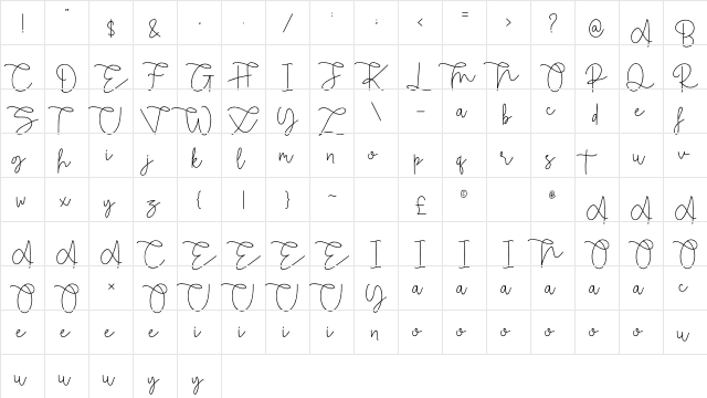 Rietha Regular  glyph index