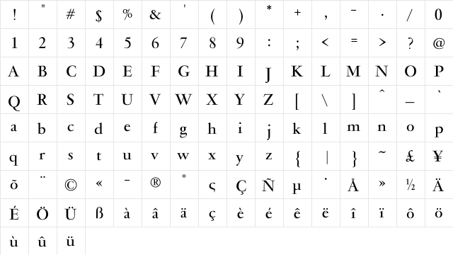 PF Garamond Classic Bold  glyph index